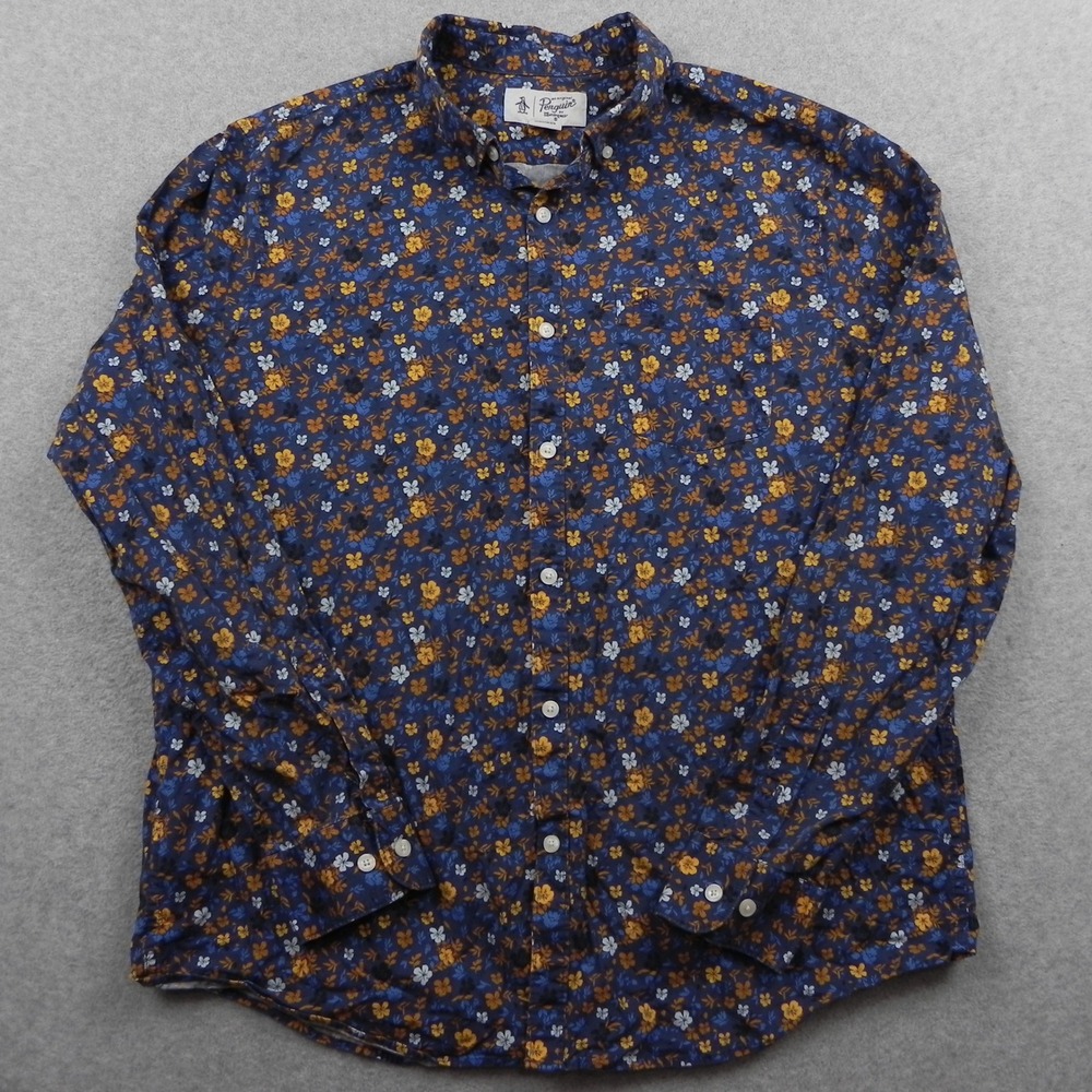 Original Penguin Shirt Mens XL Floral Long Sleeve Button Down Navy Blue Stretch